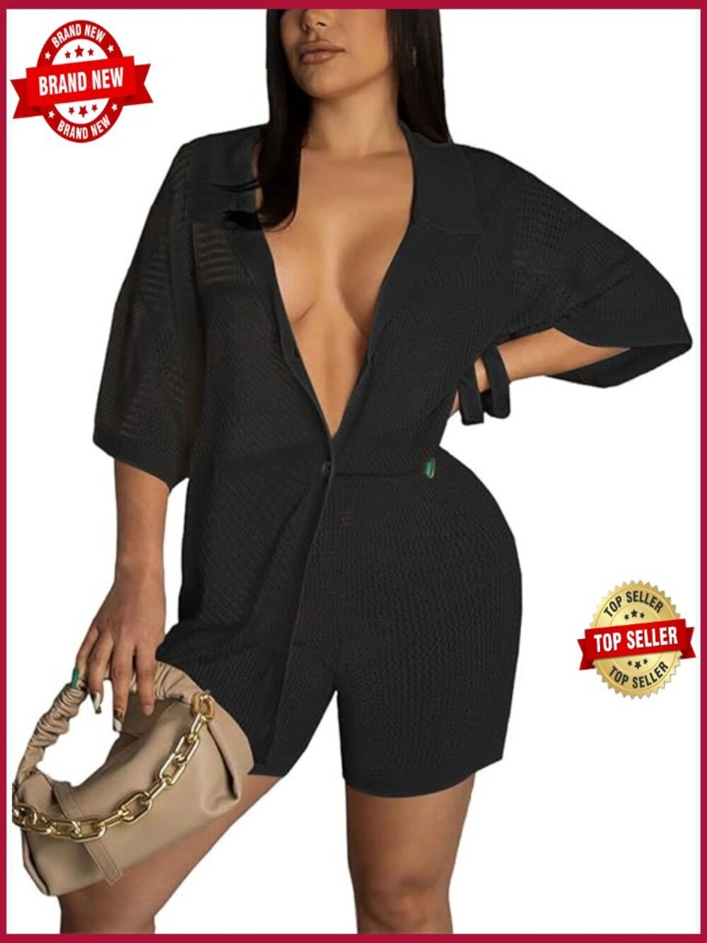 2 Piece Knit Shorts Set Button Down Shirt Half Sleeve Summer Outfit